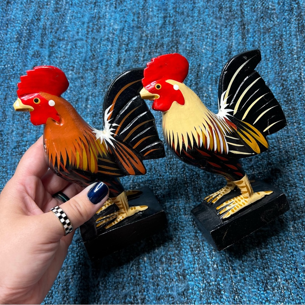 Wood Carved Hand Painted Roosters Set of Two Folk Art Figurine with Wood Base